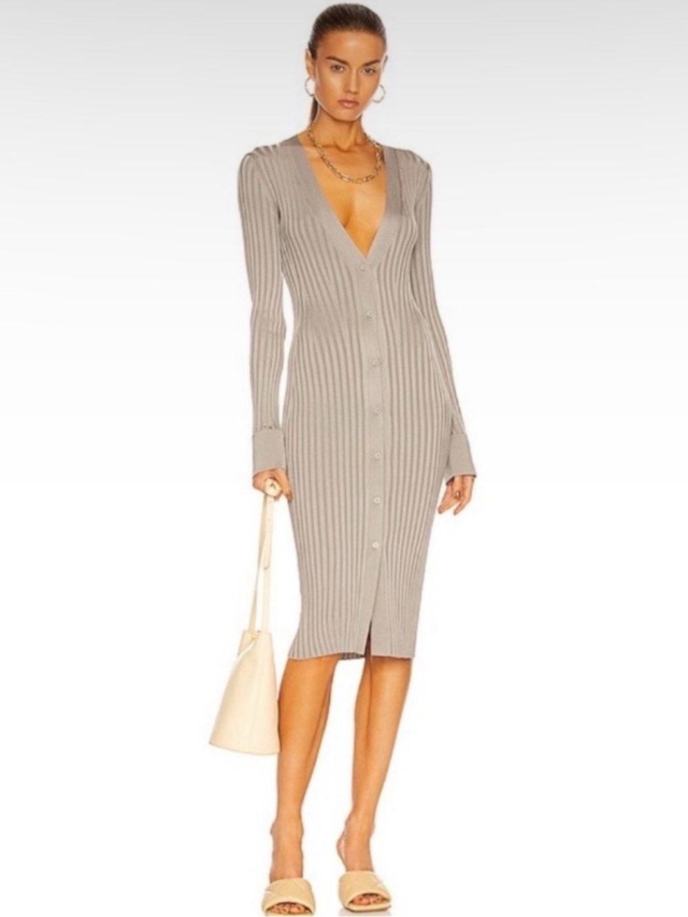 NWT Galvan London Rhea‎ Lounge Dress Duster Silver Ribbed Knit Metallic Size LG